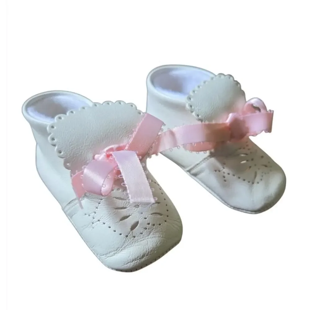 VTG Petit Bateau Baby Leather Booties Shoes Size 1 Pink Bow Made France Retro